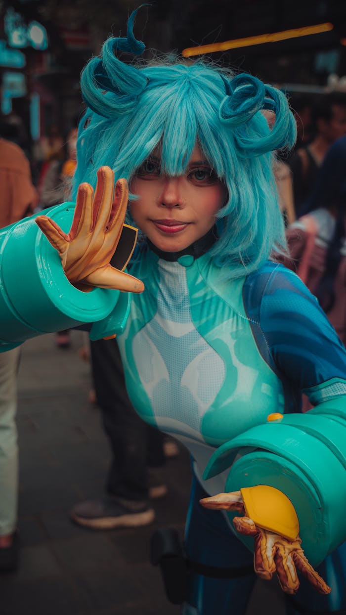 Home Blue-haired anime character cosplay at outdoor festival during the day.