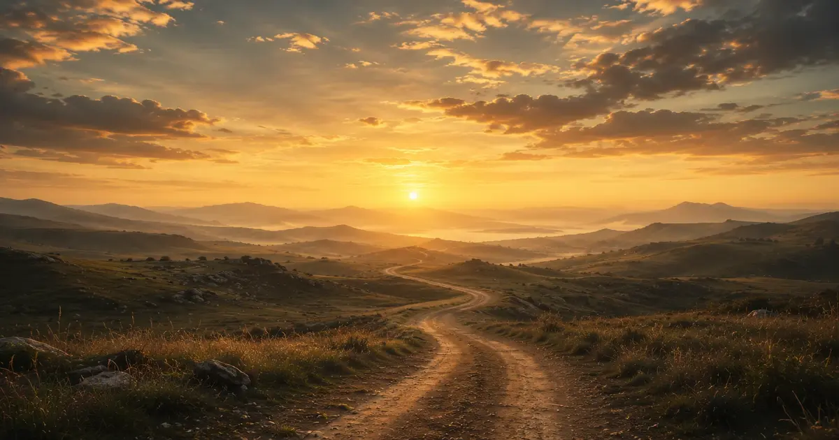 A quiet winding road disappearing into a golden horizon, symbolizing the philosophical journey of Kino's Journey.