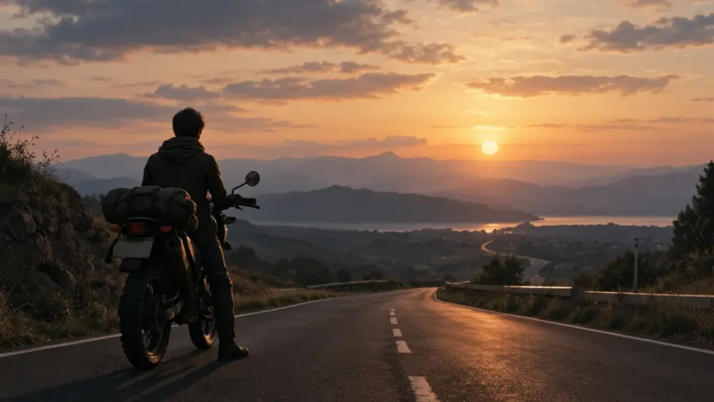 A lone motorcyclist appears at sunset on a winding road.